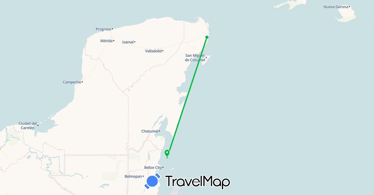 TravelMap itinerary: driving, bus in Belize, Mexico (North America)